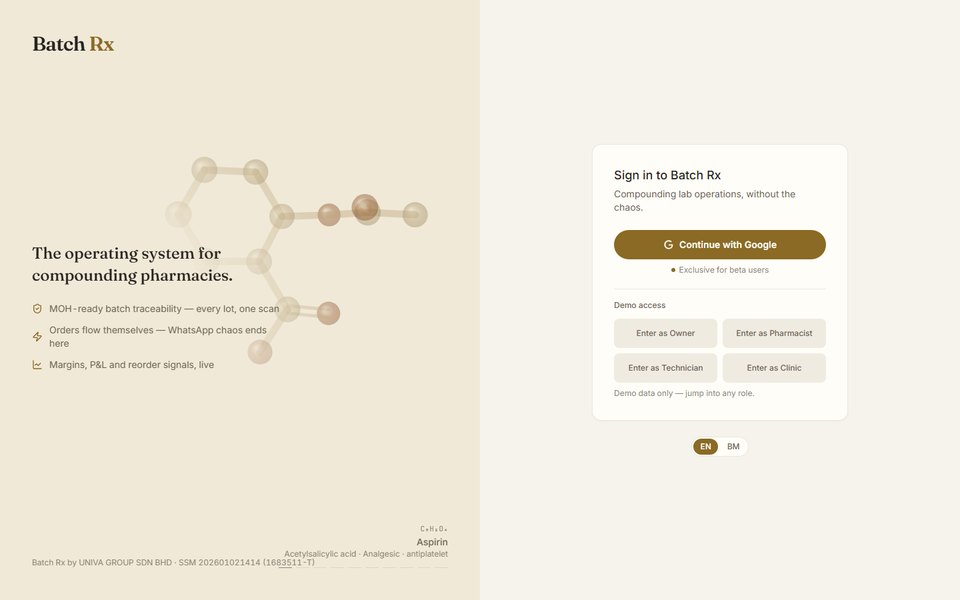Batch Rx product screenshot with pharmacy operations overview and demo role selection