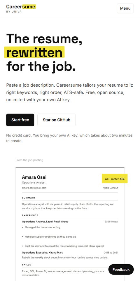 Careersume product screenshot showing the resume builder and an example resume